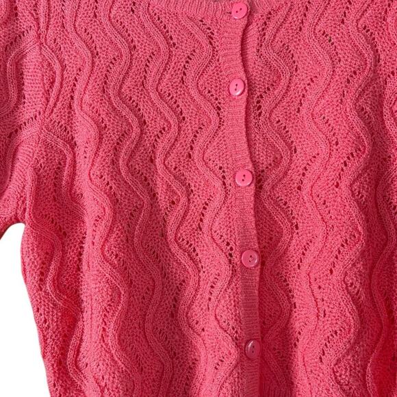 Title: Vintage Pink Knit Cardigan – Wavy Open-Knit Button-Up Retro Sweater - Picture 5 of 6